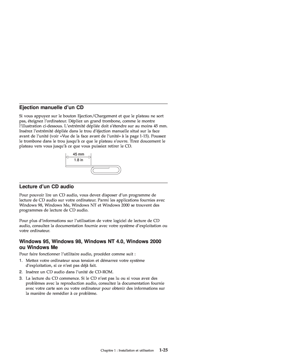 IBM 71P7279 manual Ejection manuelle dun CD, Lecture dun CD audio, 1-25 