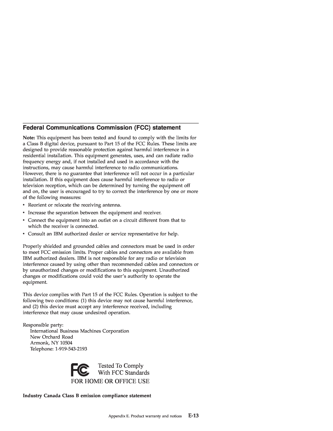 IBM 71P7285 Federal Communications Commission FCC statement, Tested To Comply With FCC Standards FOR HOME OR OFFICE USE 
