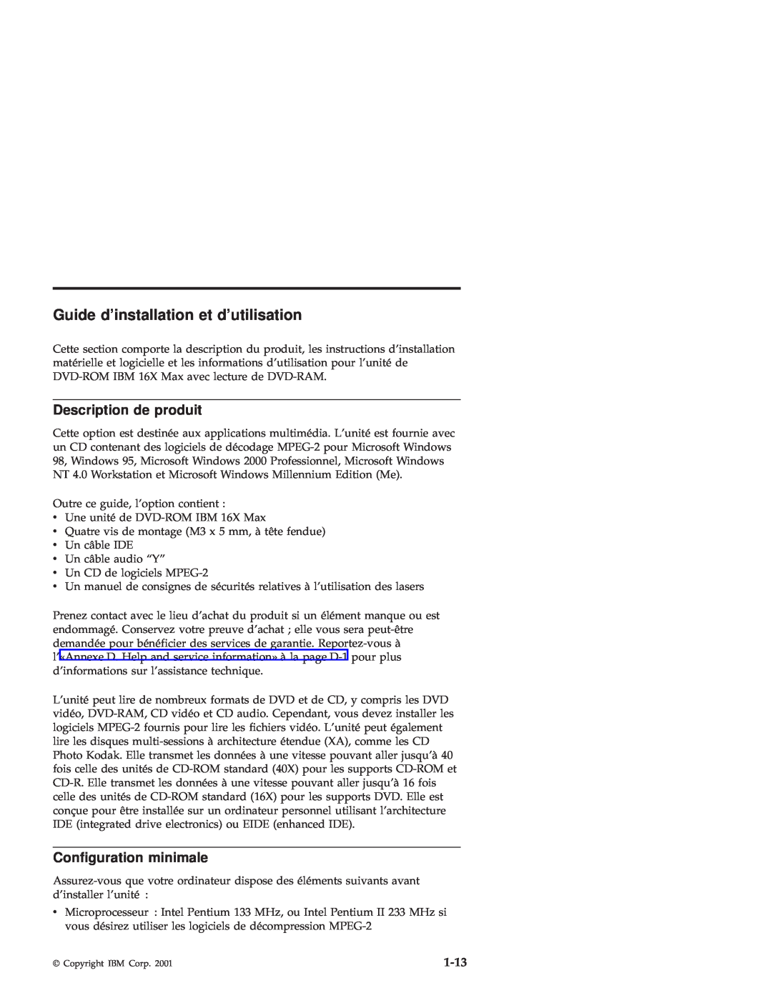 IBM 71P7285 manual Guide dinstallation et dutilisation, Description de produit, Configuration minimale, 1-13 