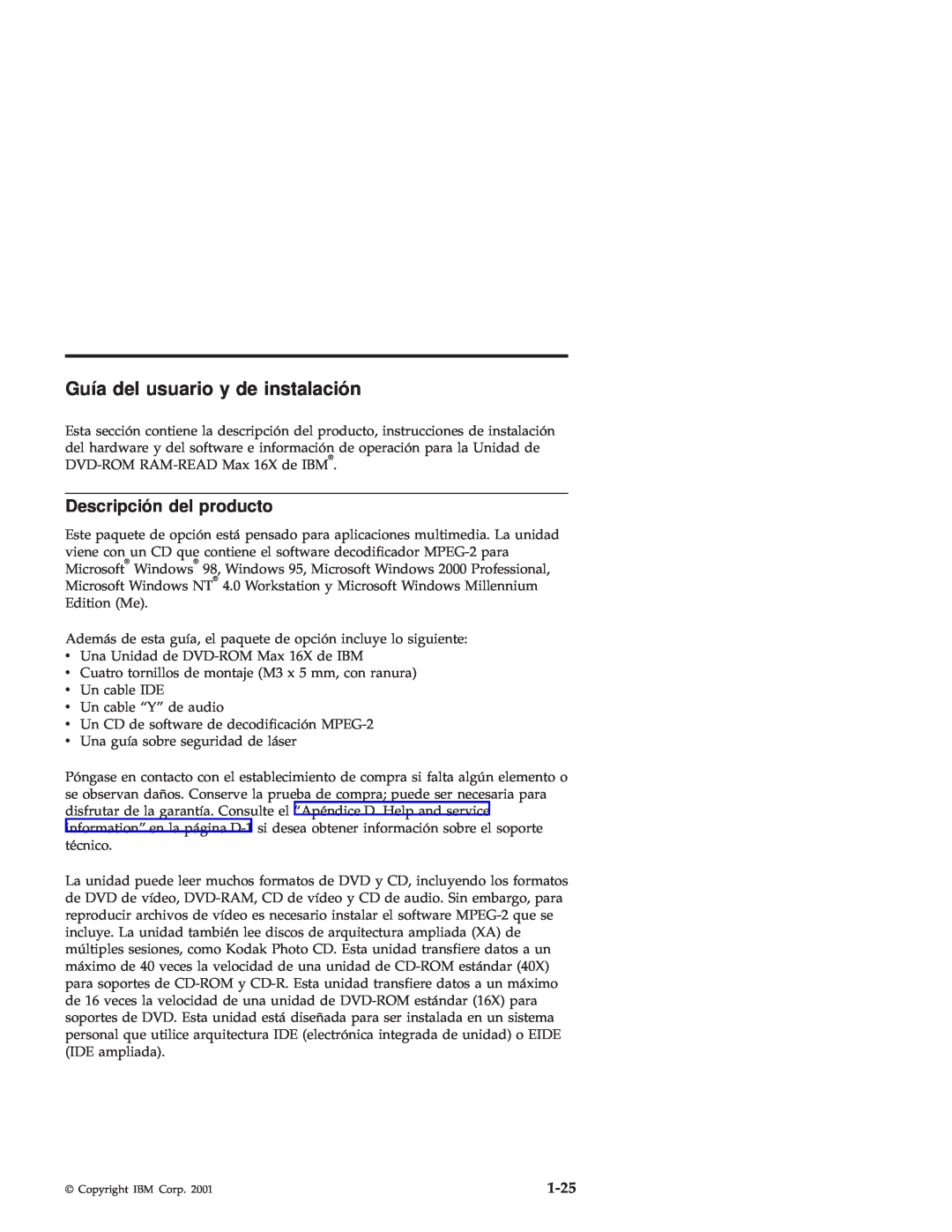IBM 71P7285 manual Guía del usuario y de instalación, Descripció n del producto, 1-25 