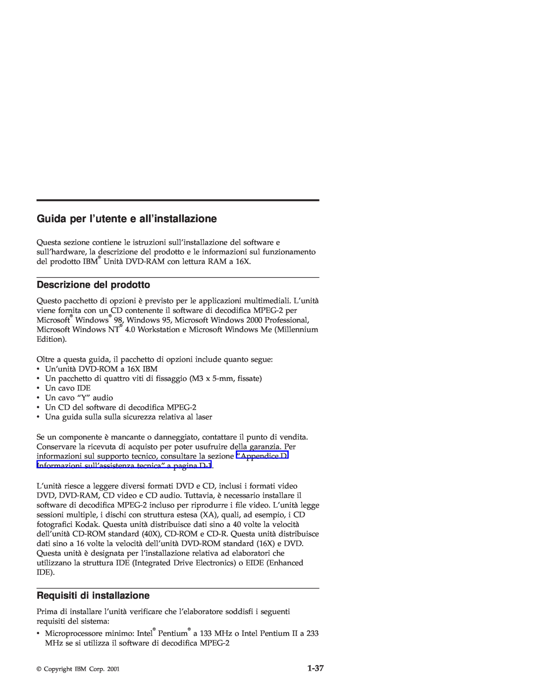 IBM 71P7285 manual Guida per lutente e allinstallazione, Descrizione del prodotto, Requisiti di installazione, 1-37 