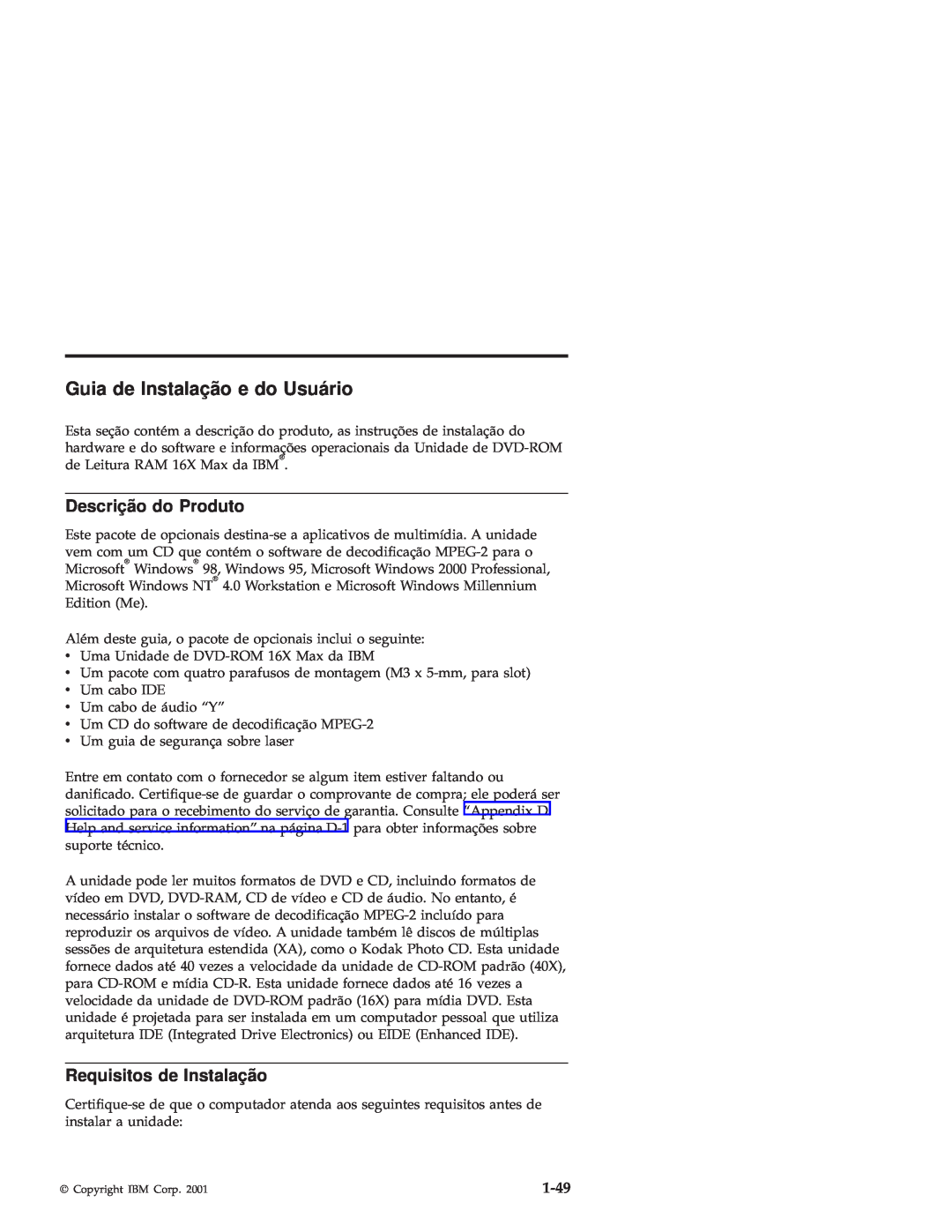 IBM 71P7285 manual Guia de Instalaçã o e do Usuário, Descriçã o do Produto, Requisitos de Instalação, 1-49 