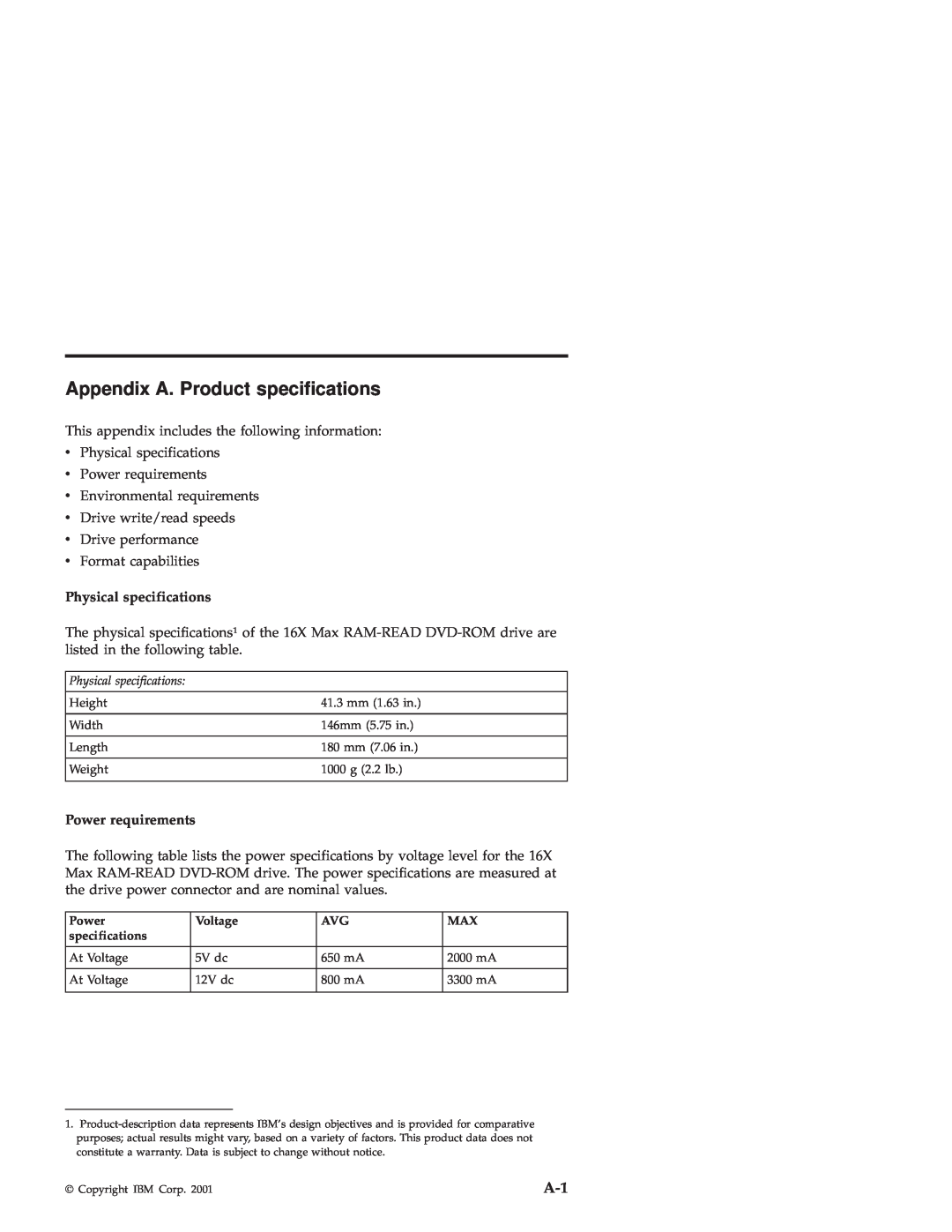 IBM 71P7285 manual Appendix A. Product specifications, Physical specifications, Power requirements 
