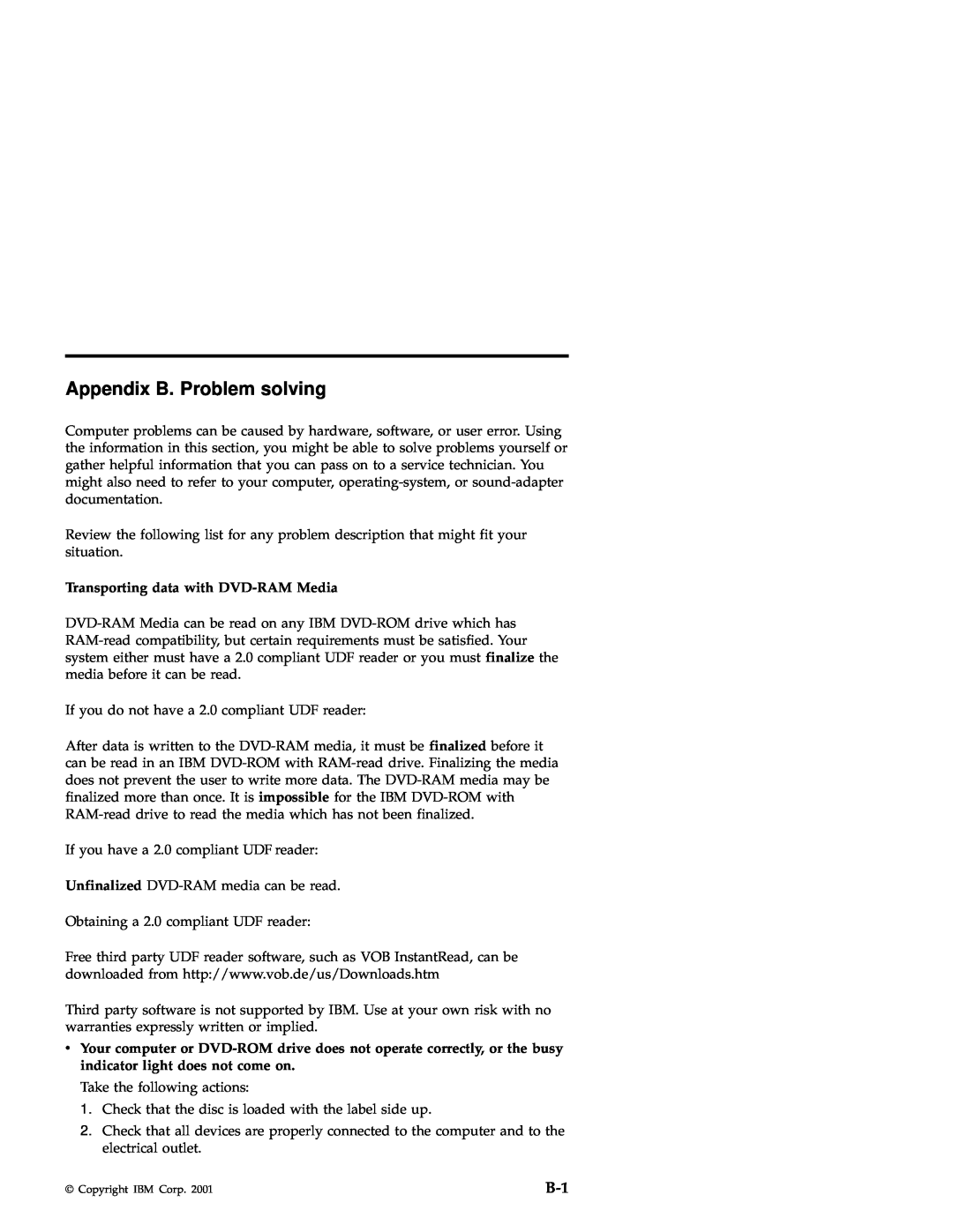 IBM 71P7285 manual Appendix B. Problem solving, Transporting data with DVD-RAM Media 
