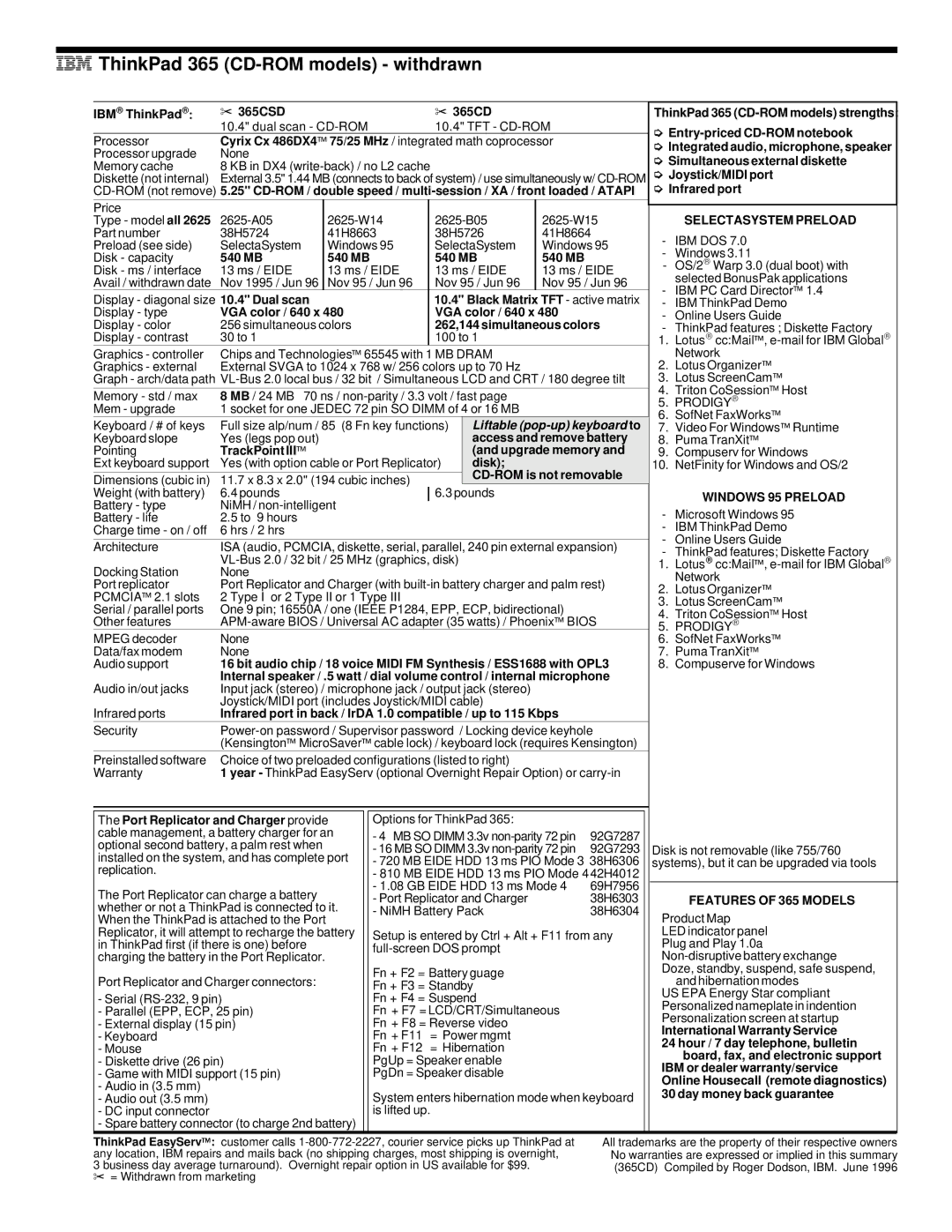 IBM 700/700C, 720/720C, 510Cs manual IBM ThinkPad 365 CD-ROM models withdrawn 
