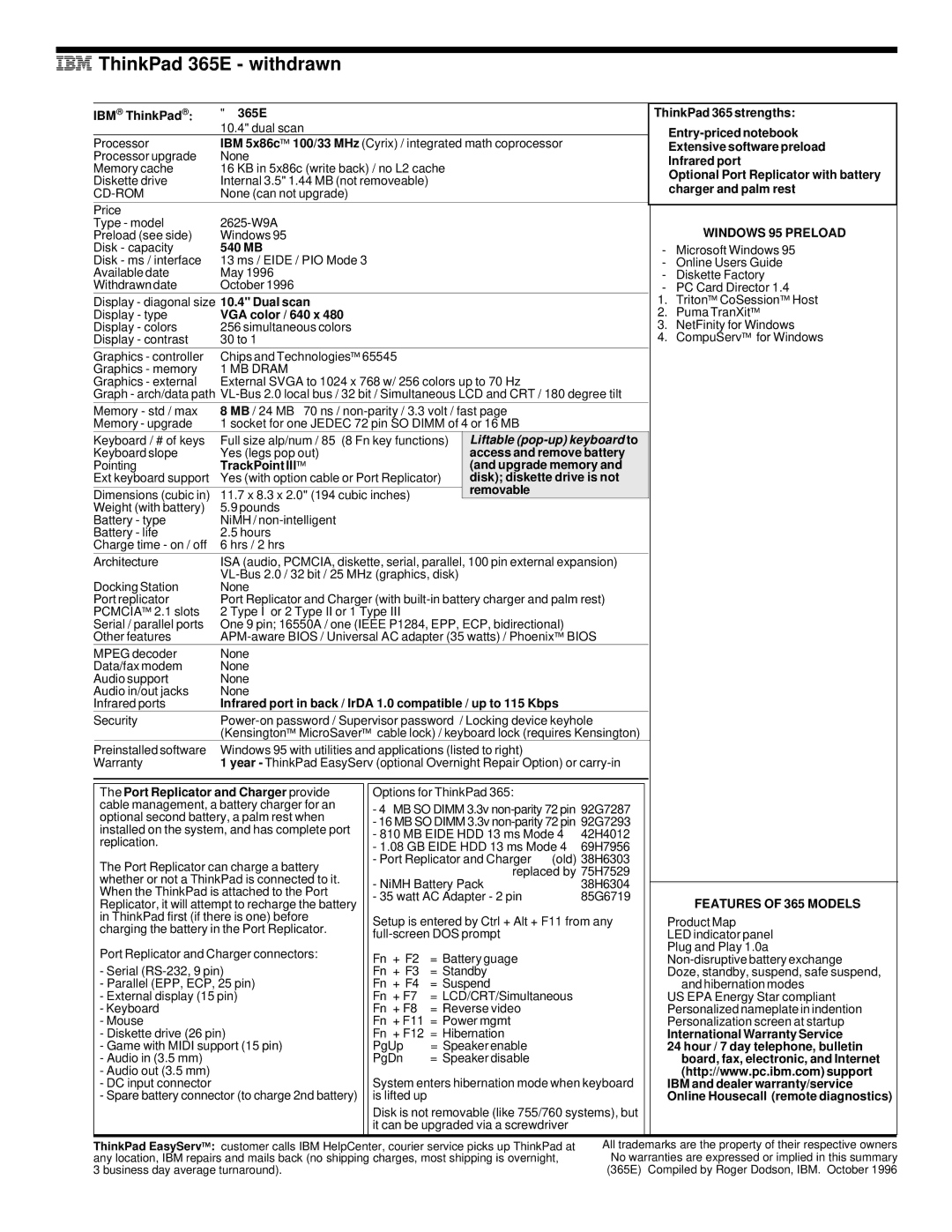 IBM 510Cs, 720/720C, 700/700C manual IBM ThinkPad 365E withdrawn, Removable 