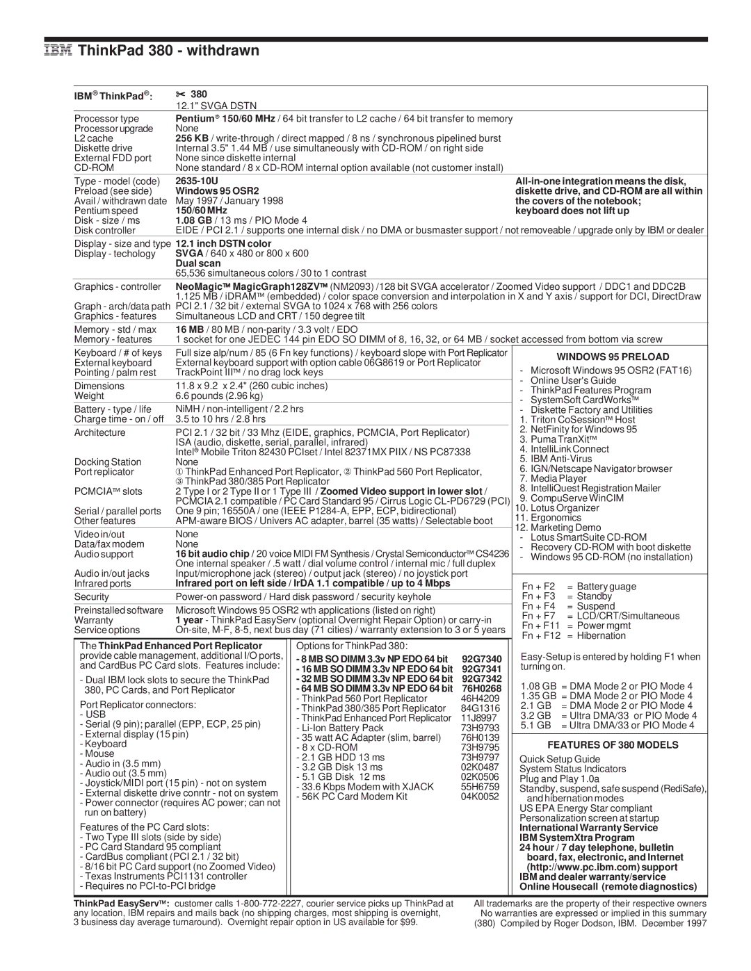 IBM 720/720C, 700/700C, 510Cs manual IBM ThinkPad 380 withdrawn, Features of 380 Models 