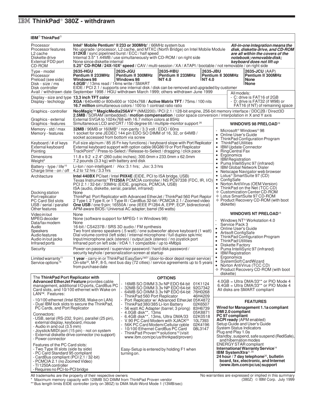 IBM 720/720C, 700/700C, 510Cs manual ThinkPad 380Z withdrawn, Windows NT Preload 