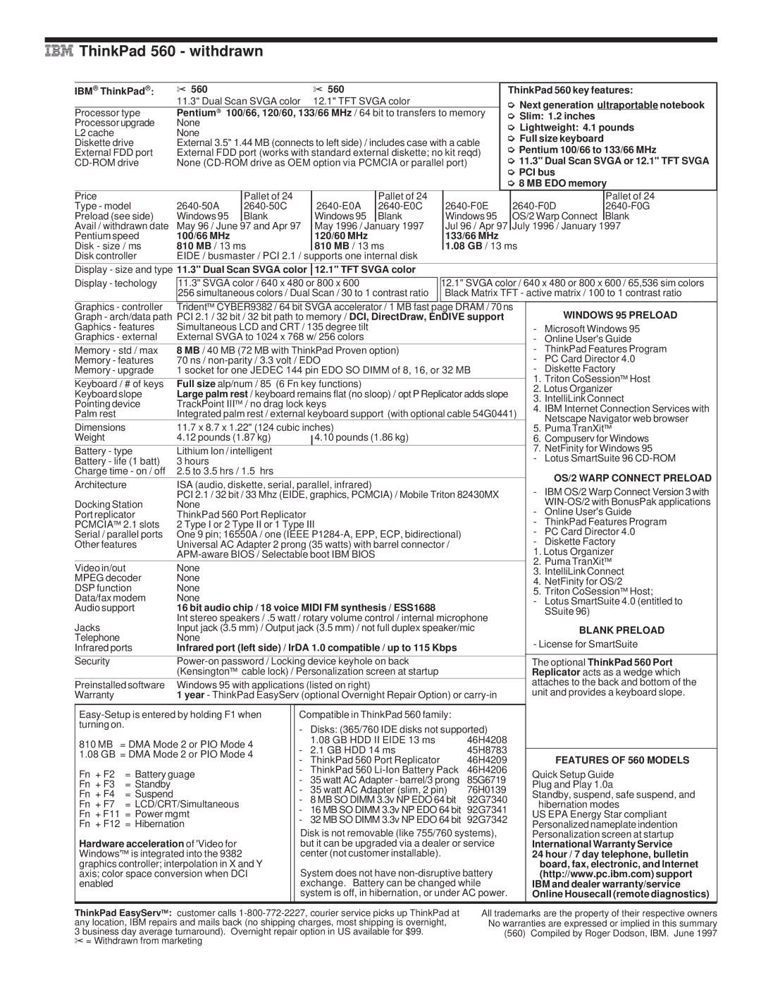 IBM 720/720C, 700/700C, 510Cs manual IBM ThinkPad 560 withdrawn, Blank Preload, Features of 560 Models 