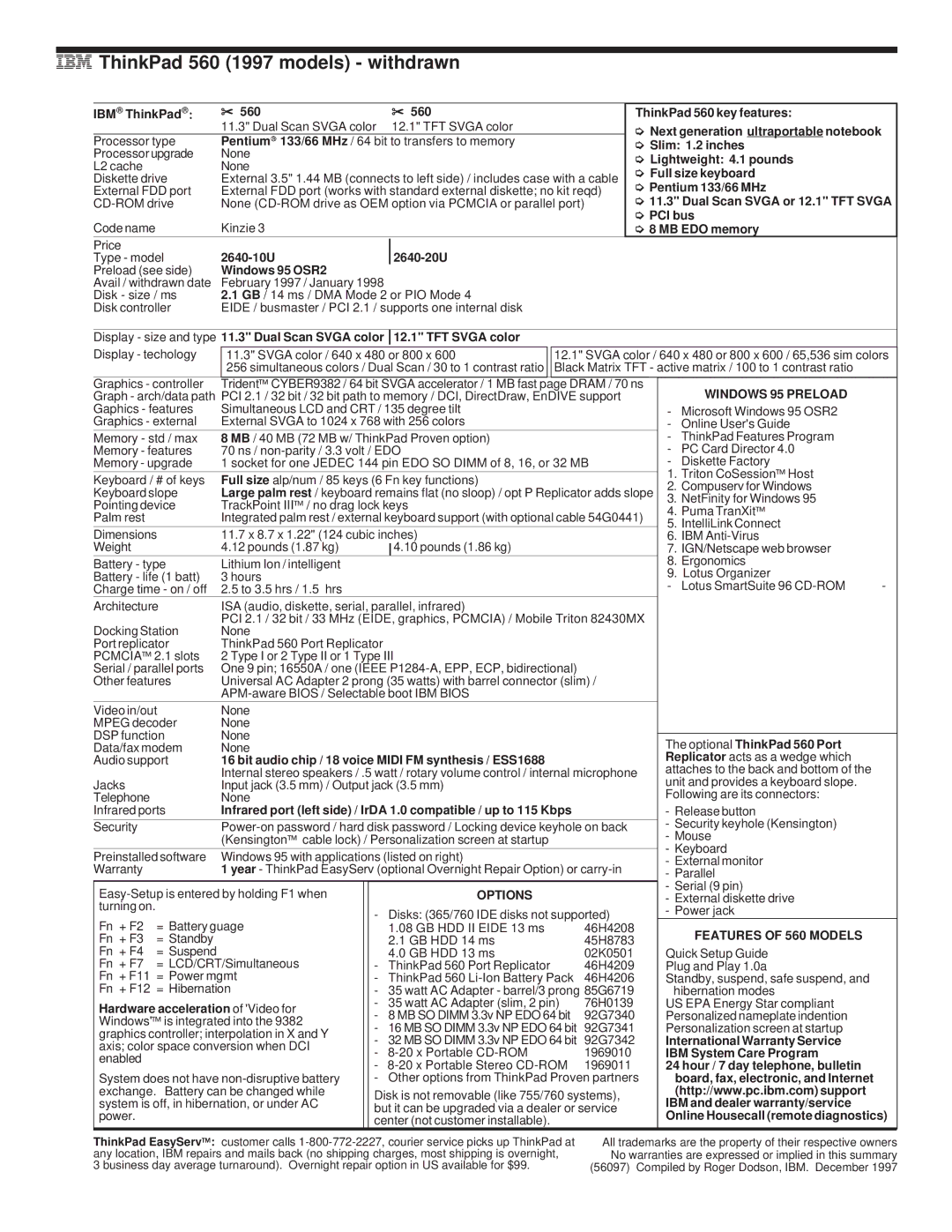 IBM 700/700C, 720/720C, 510Cs manual IBM ThinkPad 560 1997 models withdrawn 