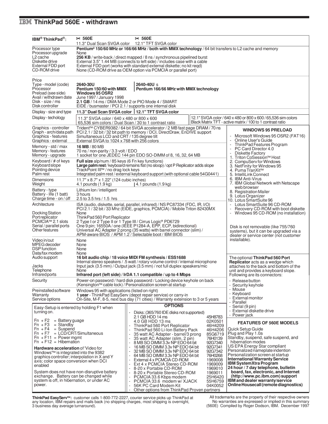 IBM 510Cs, 720/720C, 700/700C manual IBM ThinkPad 560E withdrawn, 2640-30U 2640-40U s, Features of 560E Models 