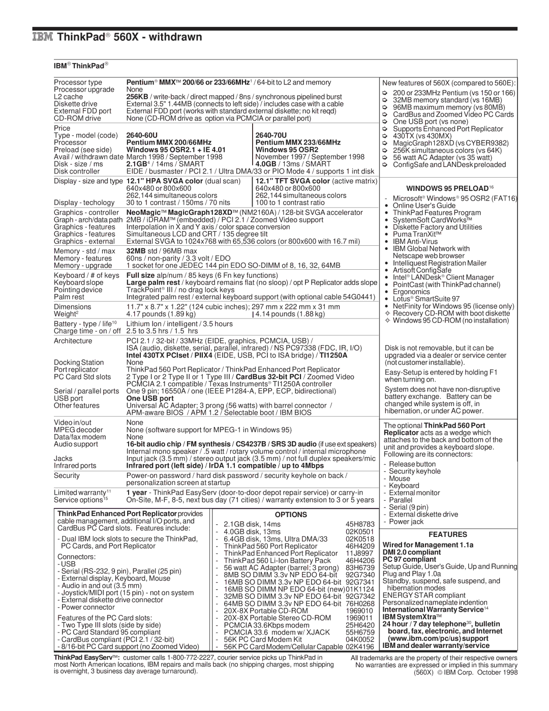 IBM 720/720C, 700/700C, 510Cs manual IBM ThinkPad 560X withdrawn, 2640-60U 2640-70U, Windows 95 OSR2.1 + IE, One USB port 