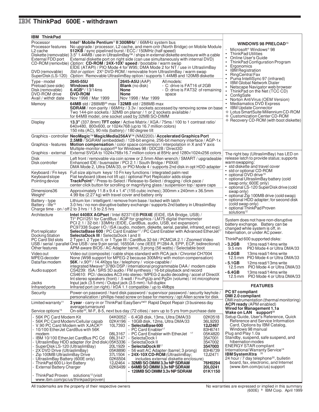 IBM 720/720C, 700/700C, 510Cs manual ThinkPad 600E withdrawn, 2645-55U 2645-A5U AAP, Dvd-Rom 