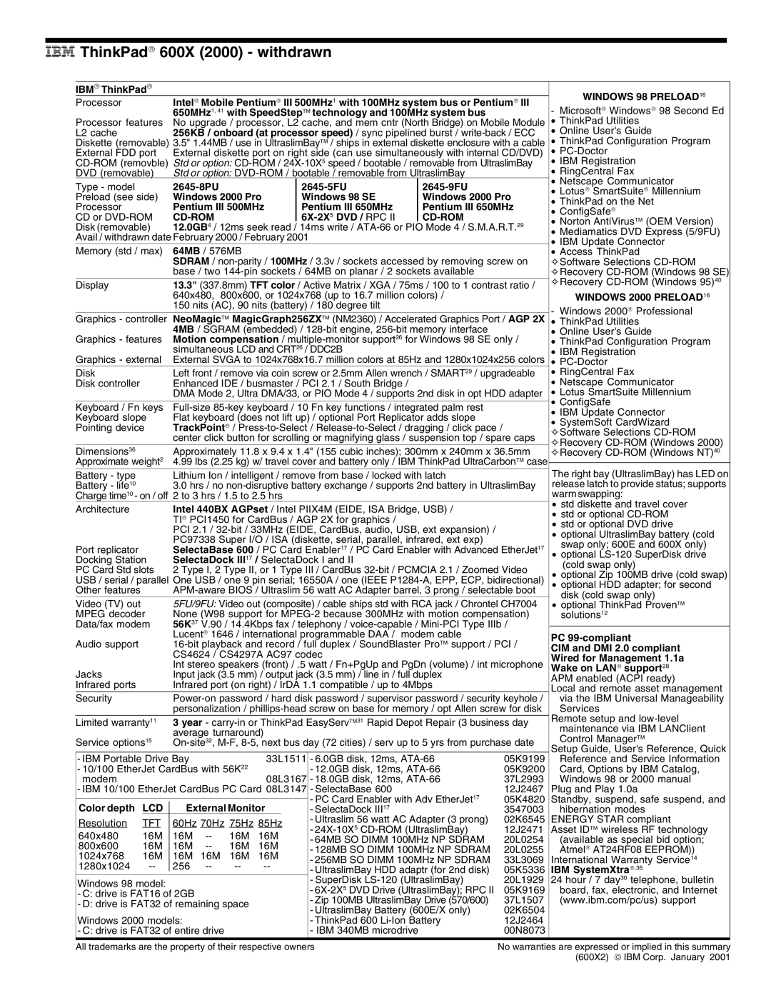 IBM 700/700C, 720/720C, 510Cs IBM ThinkPad 600X 2000 withdrawn, 2645-8PU 2645-5FU 2645-9FU, Windows 2000 Pro Windows 98 SE 