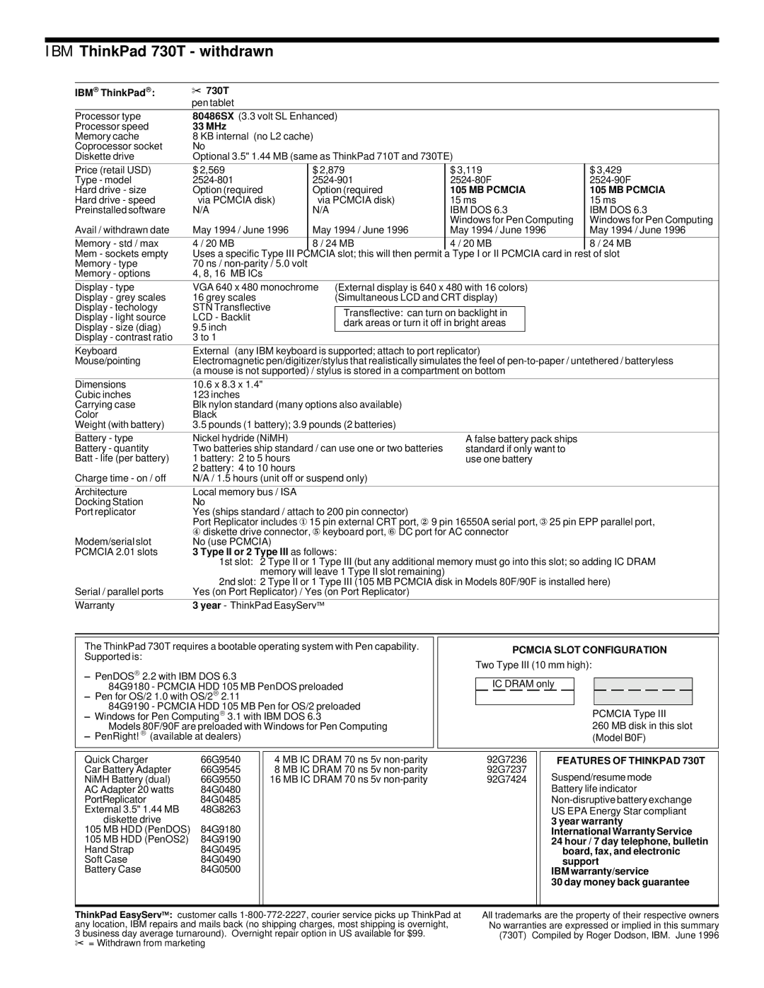 IBM 700/700C, 720/720C, 510Cs IBM ThinkPad 730T withdrawn, MB Pcmcia, Pcmcia Slot Configuration, Features of Thinkpad 730T 