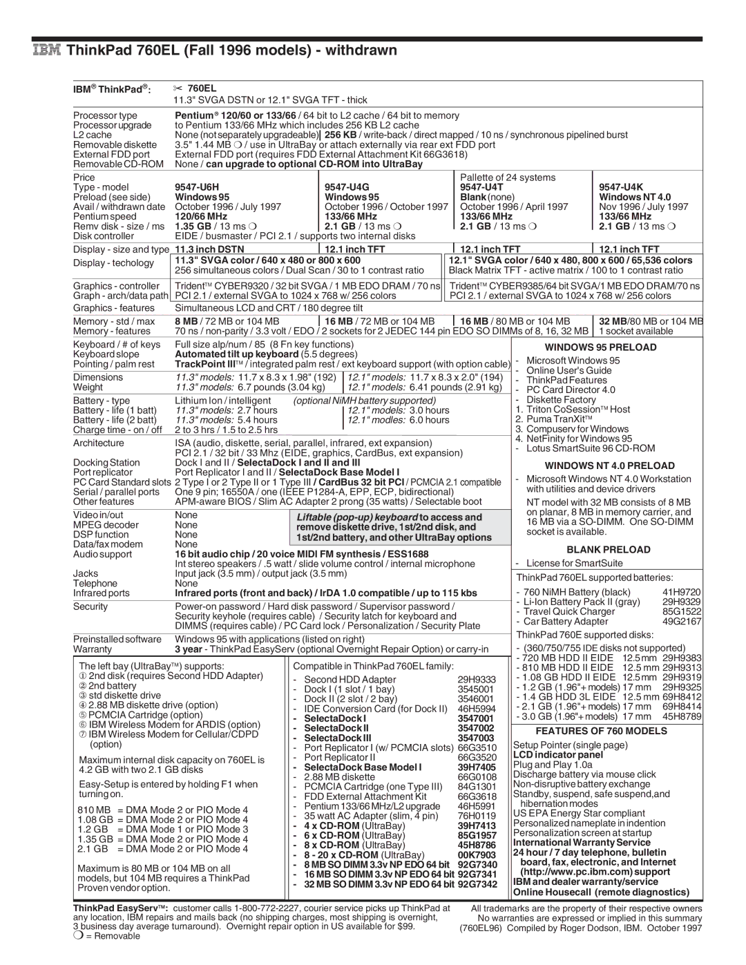 IBM 720/720C, 700/700C, 510Cs manual IBM ThinkPad 760EL Fall 1996 models withdrawn, Windows NT 4.0 Preload 