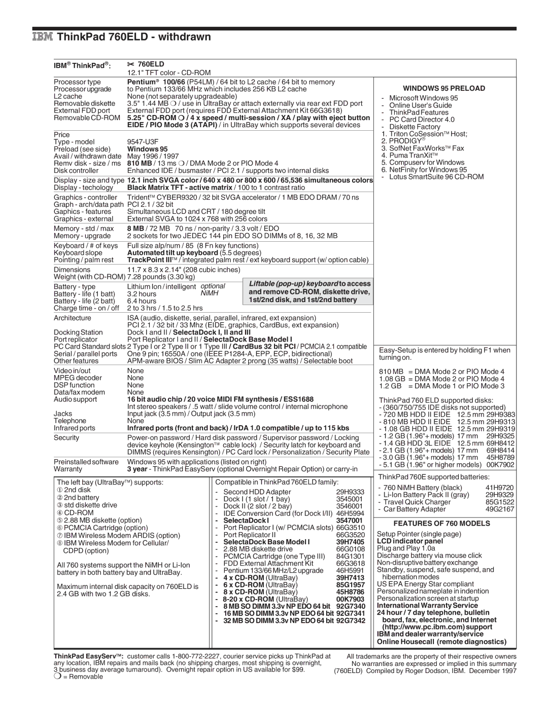 IBM 700/700C, 720/720C, 510Cs manual IBM ThinkPad 760ELD withdrawn 