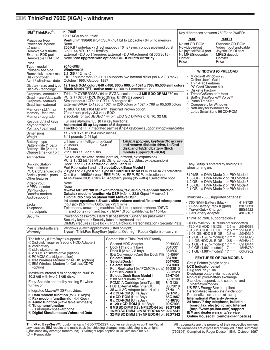 IBM 720/720C, 700/700C, 510Cs manual IBM ThinkPad 760E XGA withdrawn 