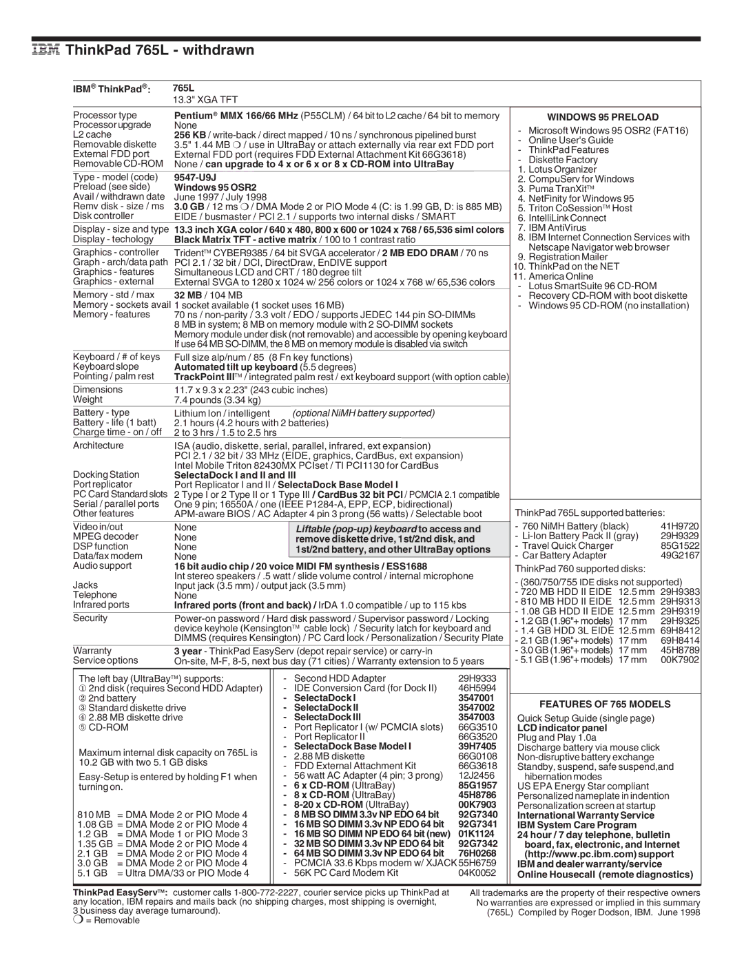 IBM 510Cs, 720/720C, 700/700C manual IBM ThinkPad 765L withdrawn, Features of 765 Models 