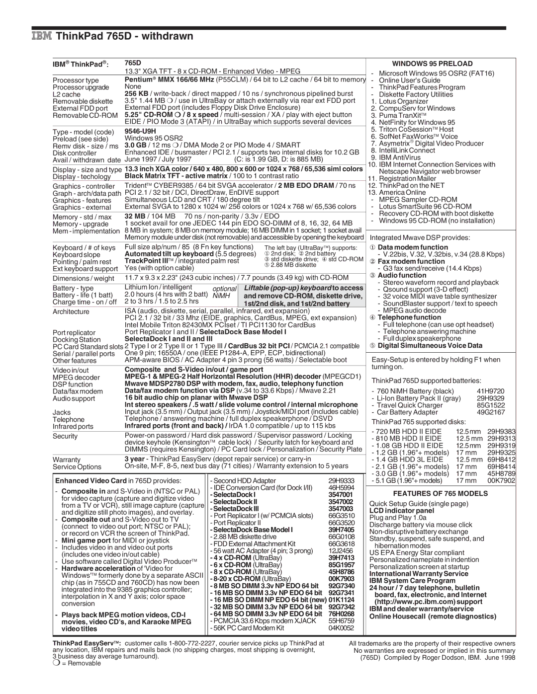 IBM 720/720C, 700/700C, 510Cs manual IBM ThinkPad 765D withdrawn 