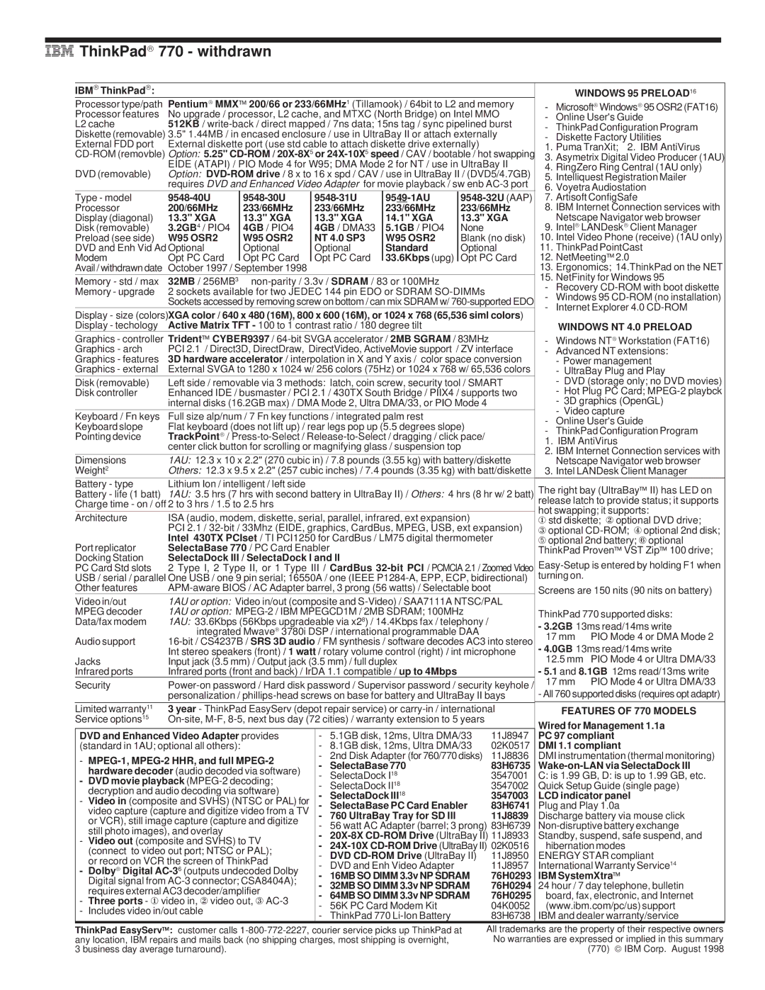 IBM 700/700C, 720/720C, 510Cs manual IBM ThinkPad 770 withdrawn, Features of 770 Models 