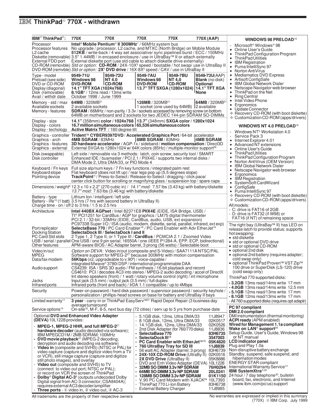 IBM 720/720C, 700/700C, 510Cs manual ThinkPad 770X Withdrawn, Dvd-Rom Cd-Rom, Windows NT 4.0 PRELOAD16, 4MB Sgram 