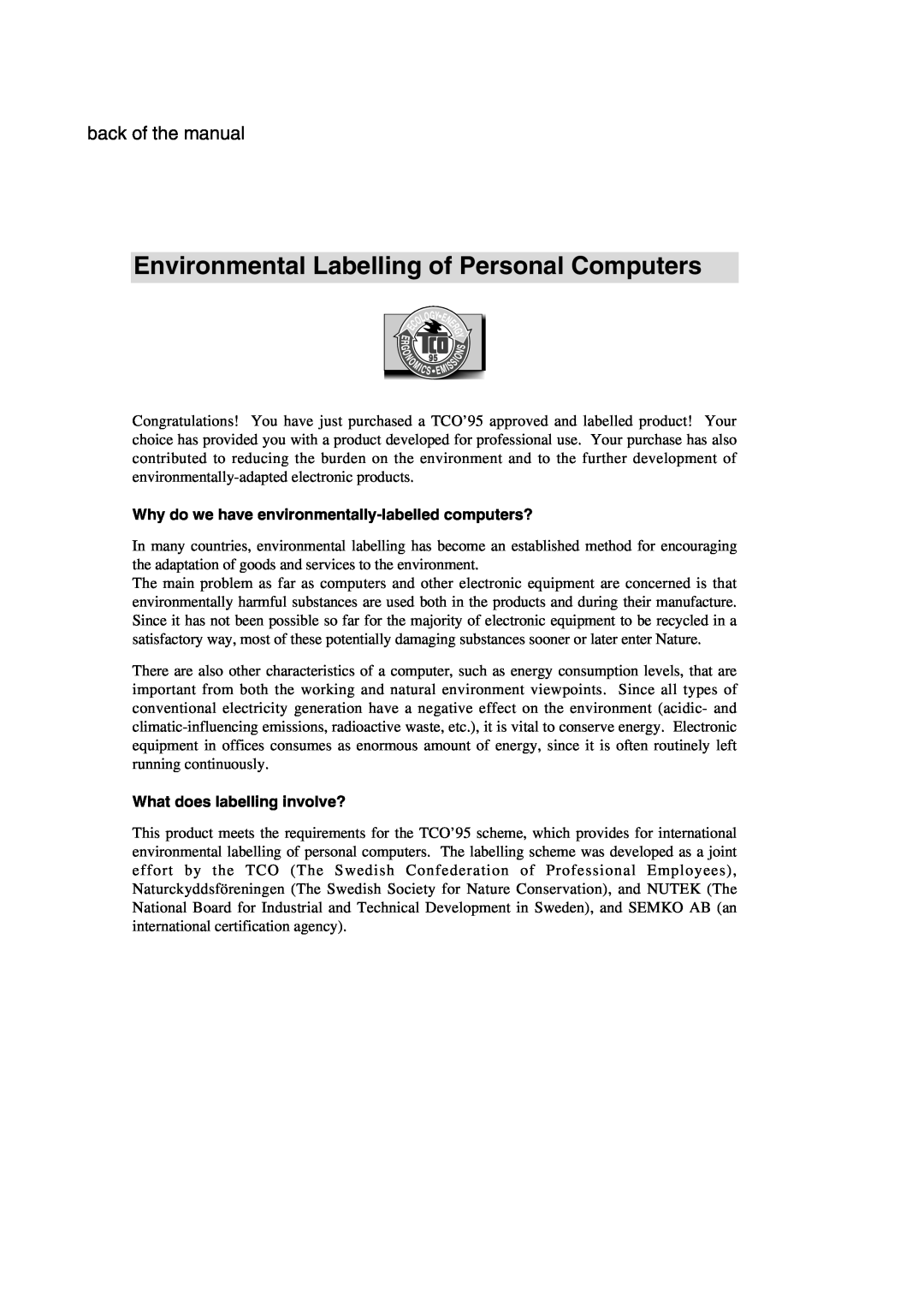 IBM 72H9623, T56A, 9483 Environmental Labelling of Personal Computers, back of the manual, What does labelling involve? 