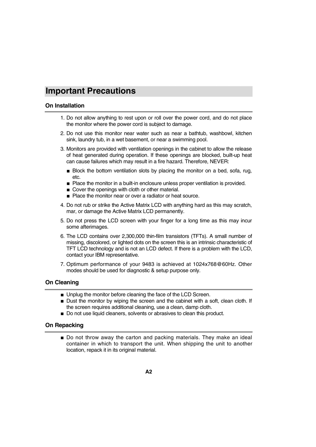 IBM 9483, 72H9623, T56A system manual Important Precautions, On Installation, On Cleaning, On Repacking 