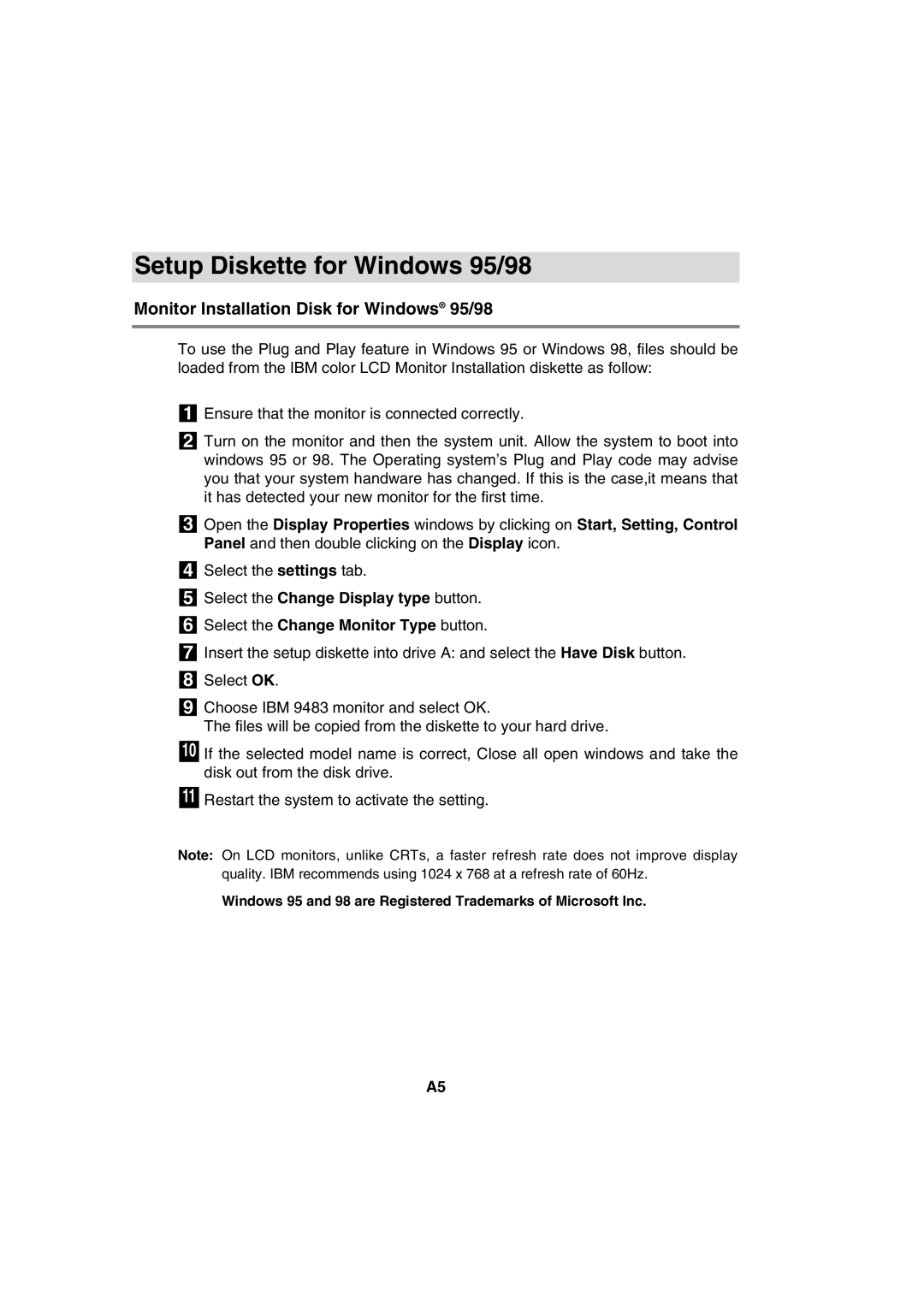 IBM 9483, 72H9623, T56A system manual Setup Diskette for Windows 95/98, Monitor Installation Disk for Windows 95/98 