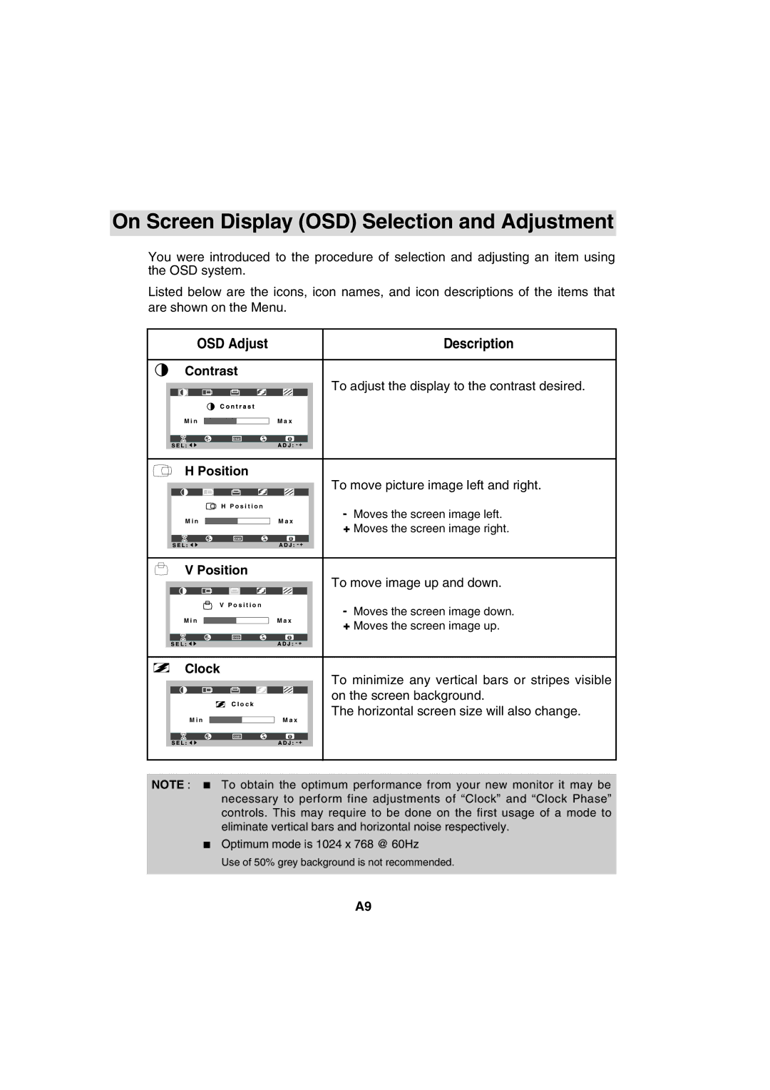 IBM 72H9623, T56A, 9483 system manual On Screen Display OSD Selection and Adjustment, Description 