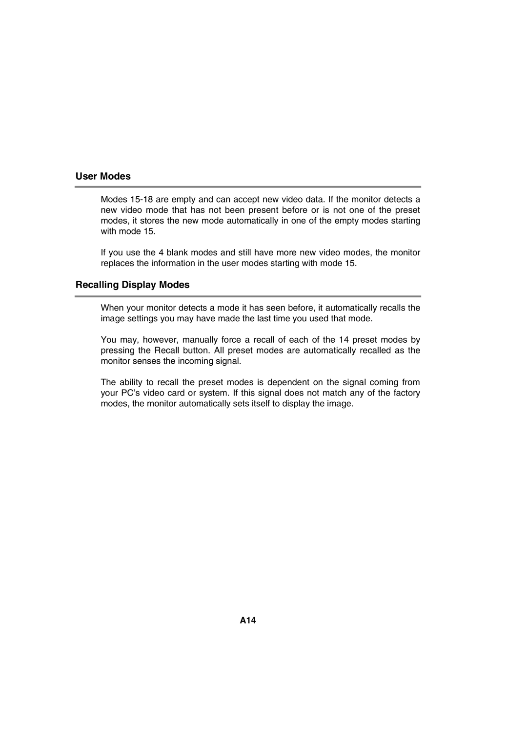 IBM 9483, 72H9623, T56A system manual User Modes, Recalling Display Modes, A14 