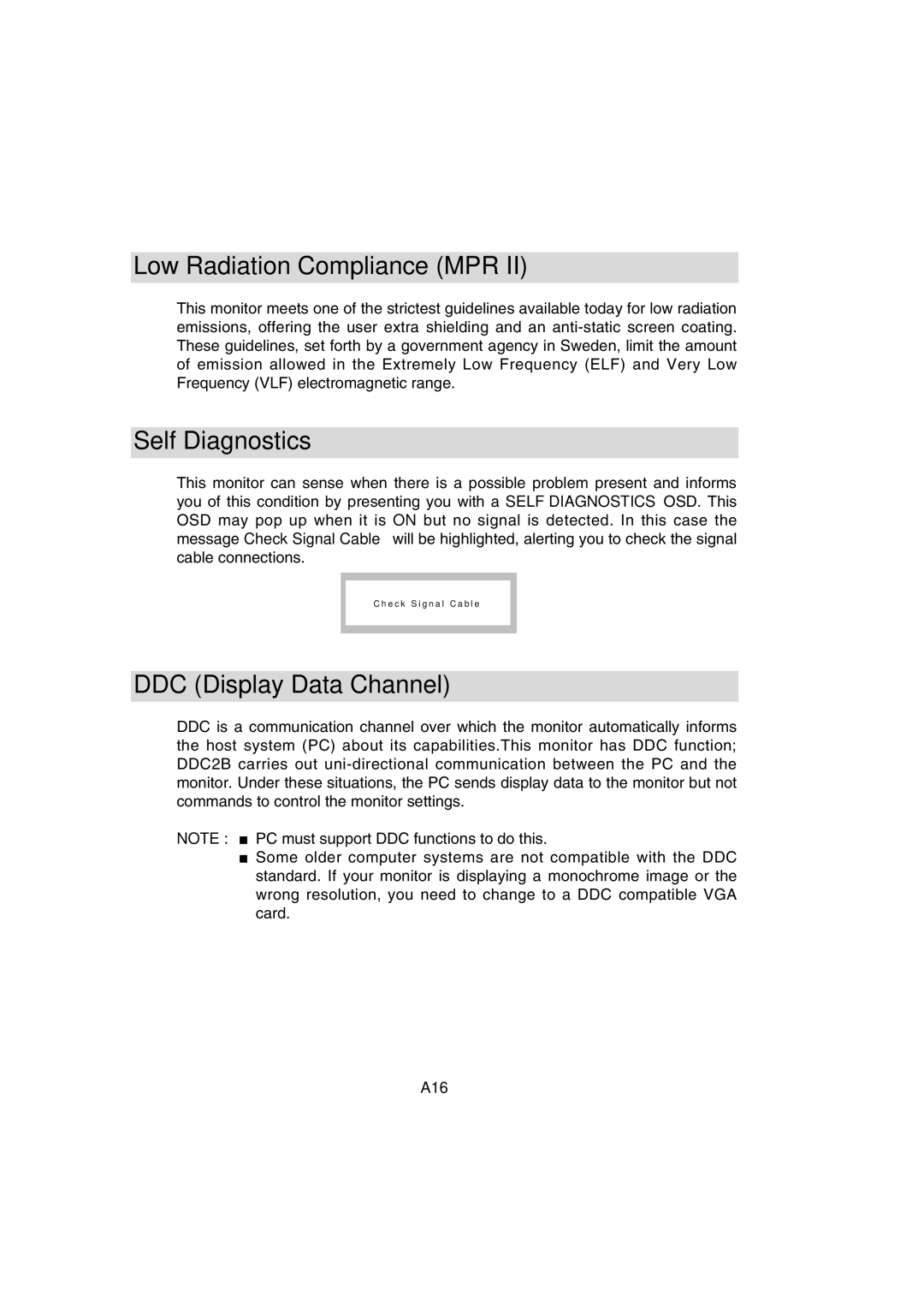 IBM T56A, 72H9623, 9483 system manual Low Radiation Compliance MPR, Self Diagnostics, DDC Display Data Channel, A16 