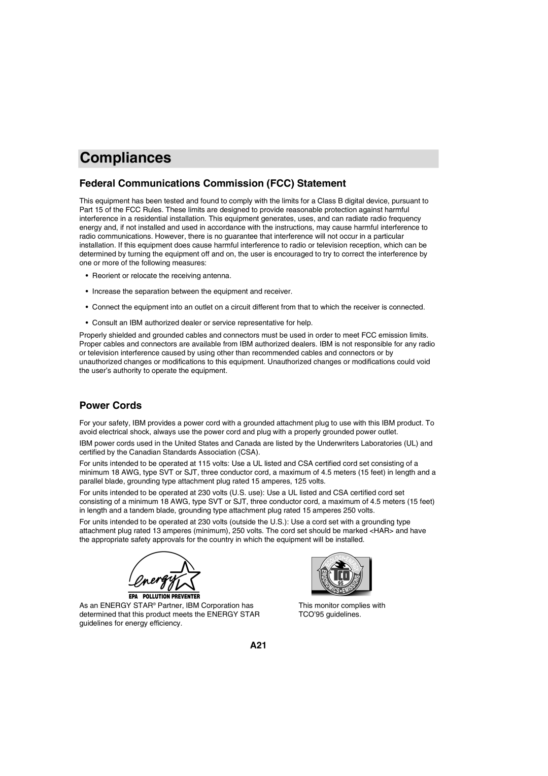 IBM 72H9623, T56A, 9483 system manual Compliances, Federal Communications Commission FCC Statement, Power Cords, A21 