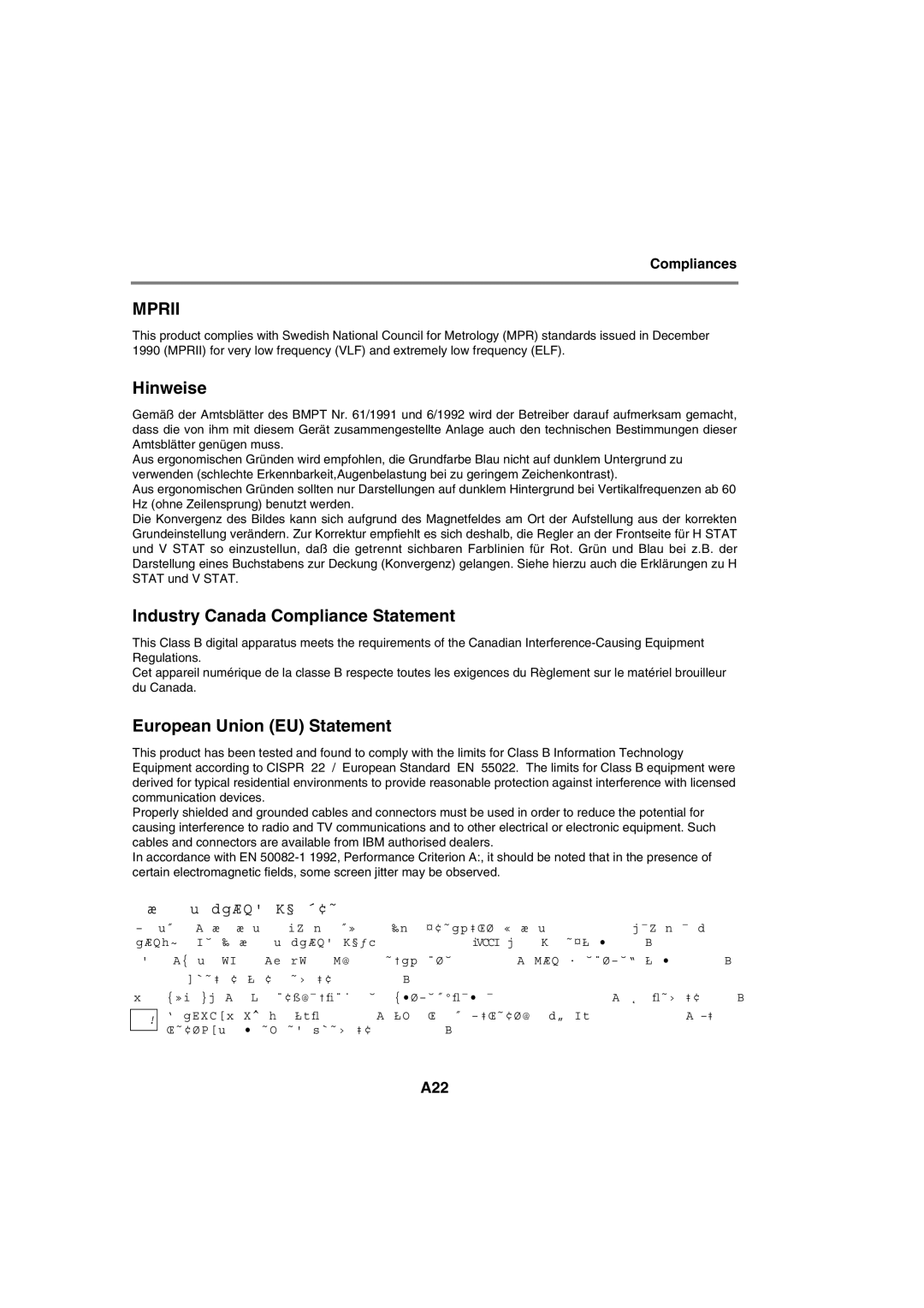 IBM T56A, 72H9623, 9483 system manual Hinweise, Industry Canada Compliance Statement, European Union EU Statement, A22 