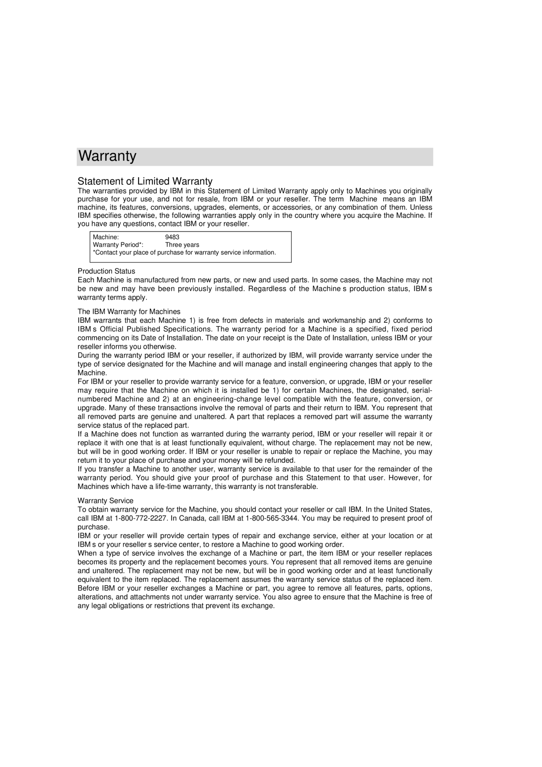 IBM T56A, 72H9623, 9483 system manual Statement of Limited Warranty 