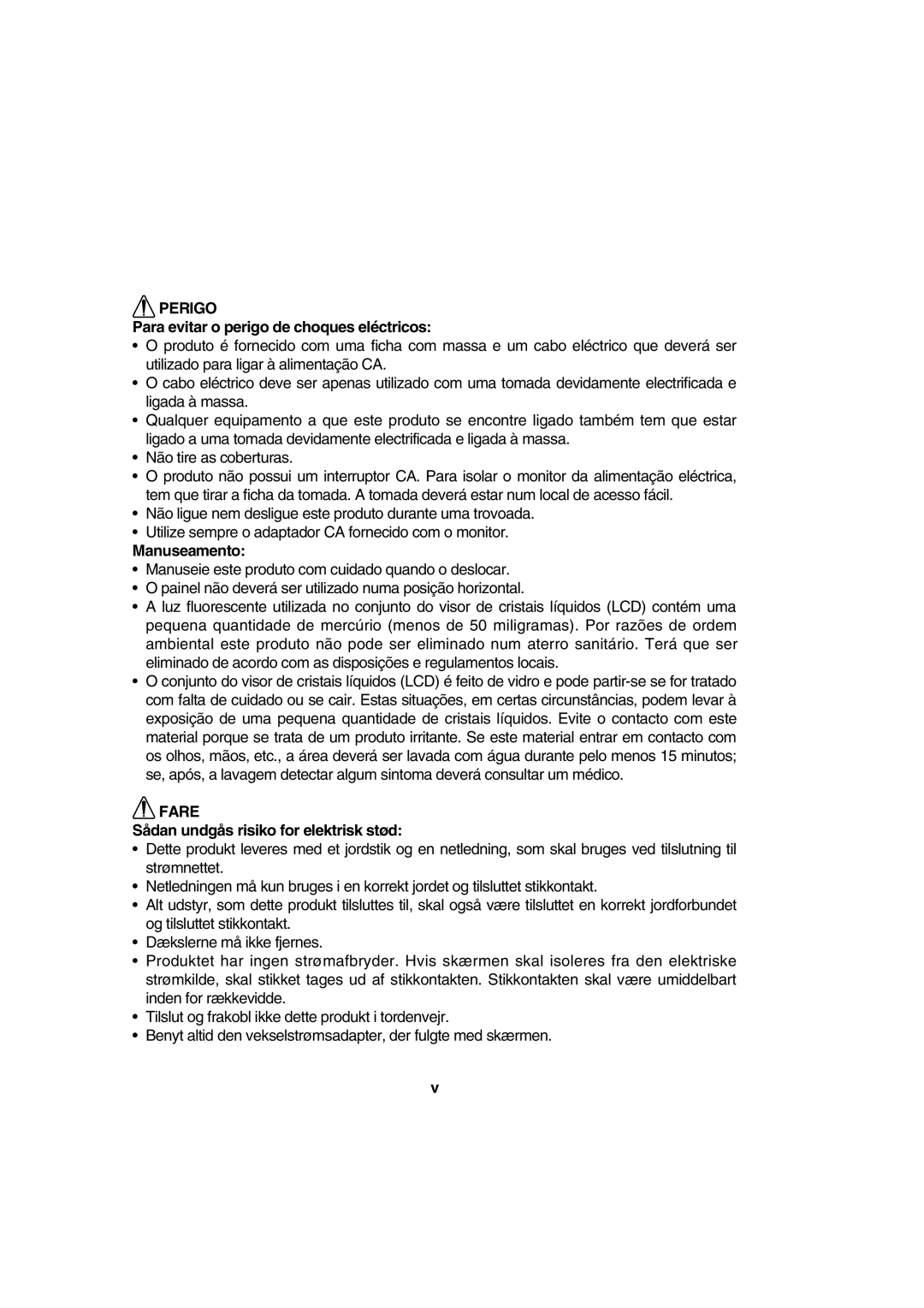 IBM 72H9623 Perigo, Para evitar o perigo de choques eléctricos, Manuseamento, Fare, Sådan undgås risiko for elektrisk stød 