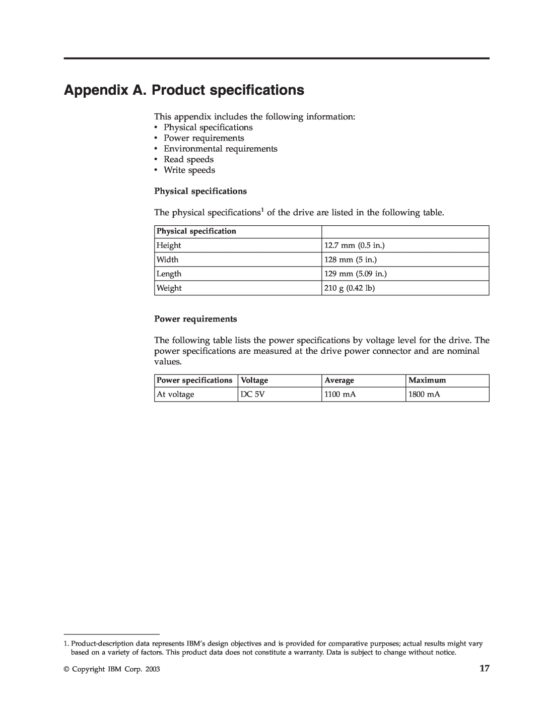 IBM 73P3279 manual Appendix A. Product specifications, Physical specifications, Power requirements 