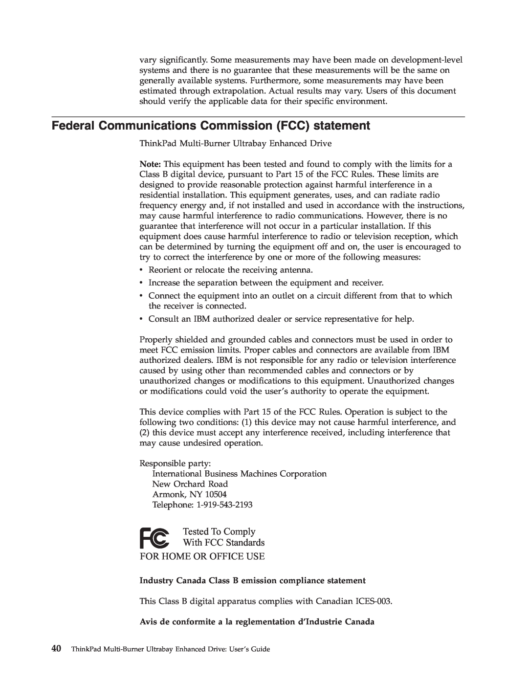 IBM 73P3279 manual Federal Communications Commission FCC statement, Industry Canada Class B emission compliance statement 