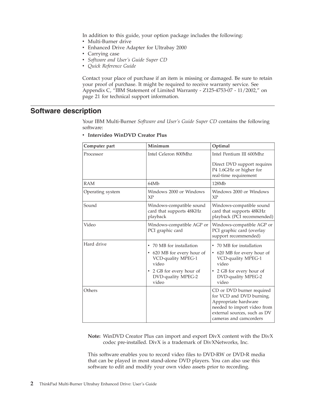 IBM 73P3279 manual Software description, Intervideo WinDVD Creator Plus 