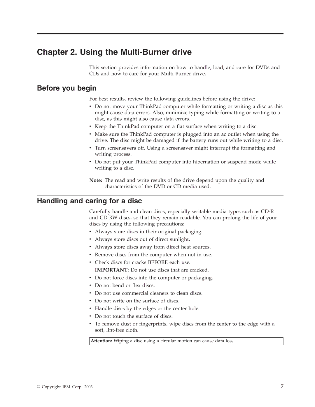 IBM 73P3279 manual Using the Multi-Burner drive, Before you begin, Handling and caring for a disc 