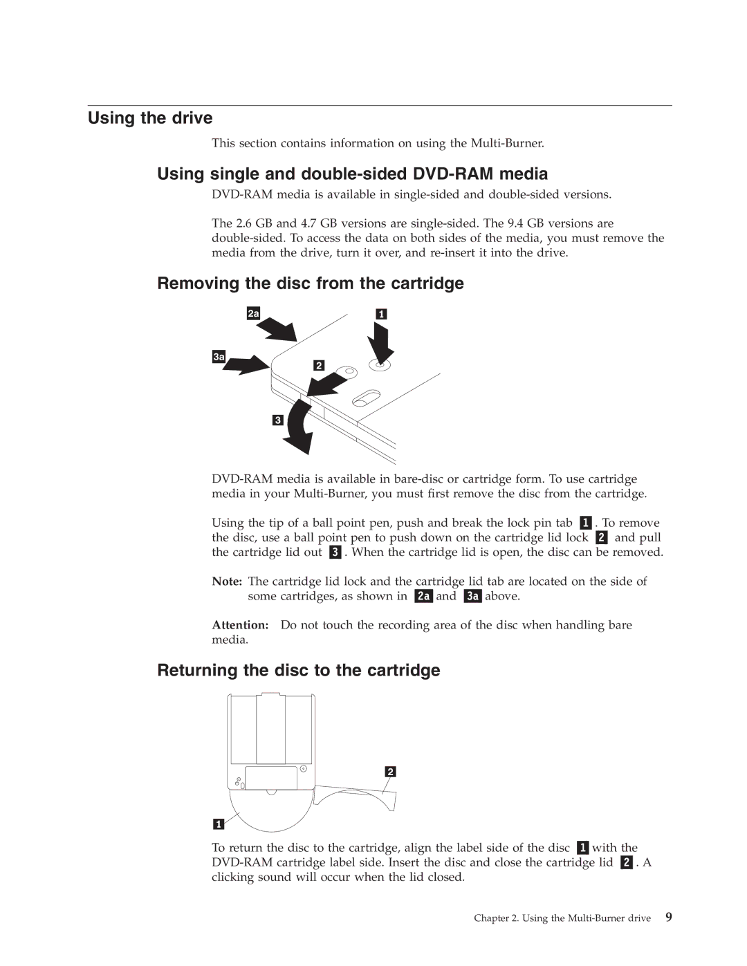 IBM 73P3279 manual Using the drive, Using single and double-sided DVD-RAM media, Removing the disc from the cartridge 