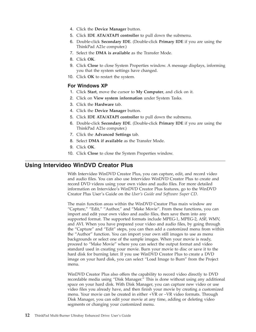 IBM 73P3279 manual Using Intervideo WinDVD Creator Plus, Click the Advanced Settings tab 