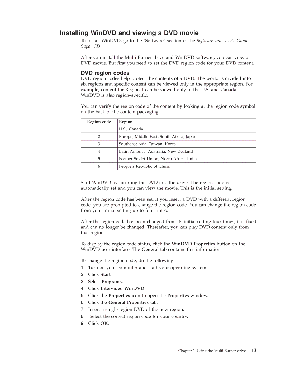 IBM 73P3279 manual Installing WinDVD and viewing a DVD movie, Click Intervideo WinDVD, Click the General Properties tab 