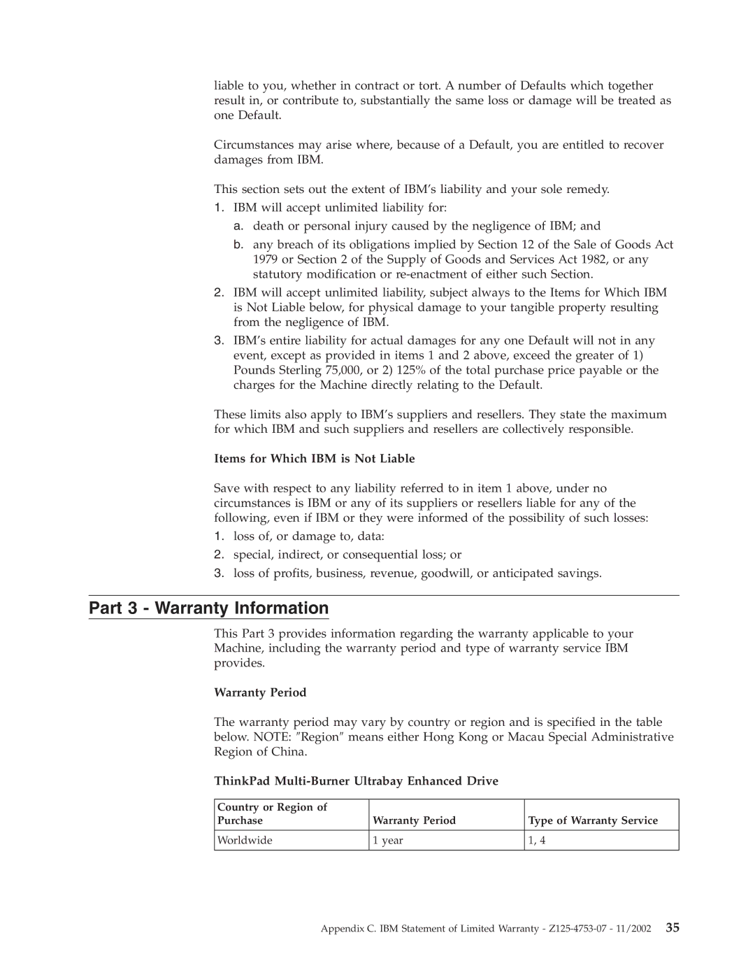 IBM 73P3279 manual Part 3 Warranty Information, Warranty Period, ThinkPad Multi-Burner Ultrabay Enhanced Drive 