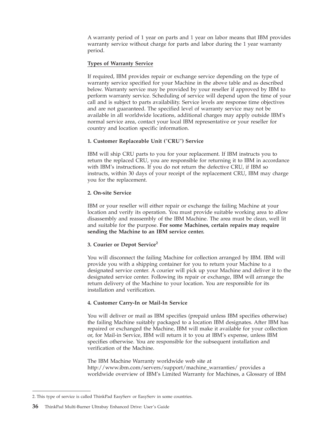 IBM 73P3279 Types of Warranty Service, Customer Replaceable Unit ″CRU″ Service, On-site Service, Courier or Depot Service2 