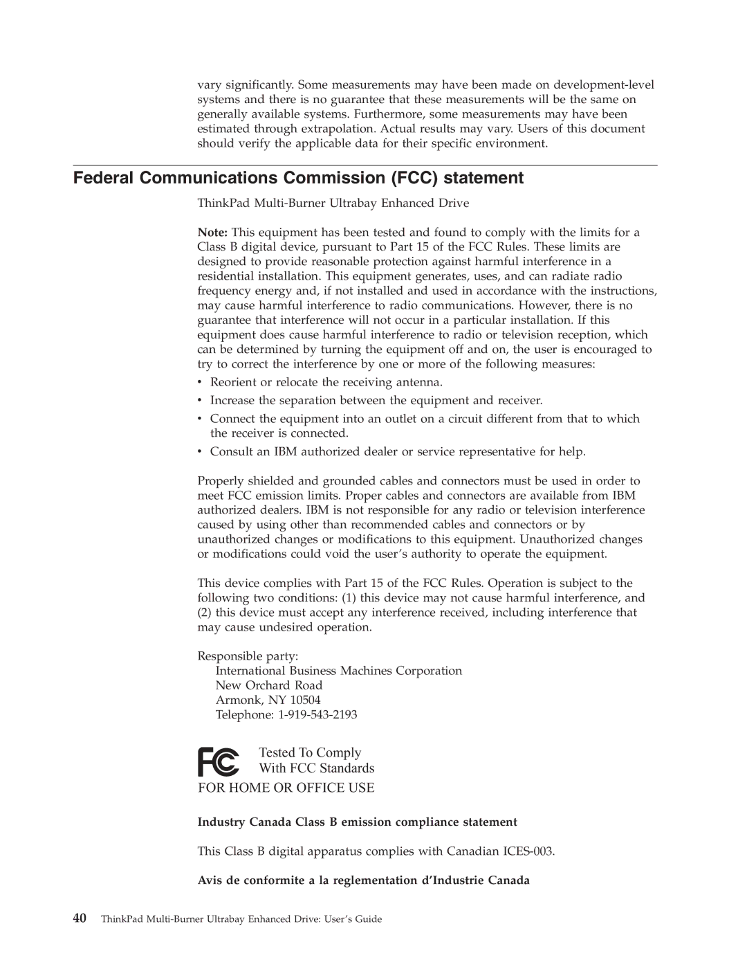 IBM 73P3279 manual Federal Communications Commission FCC statement, Industry Canada Class B emission compliance statement 