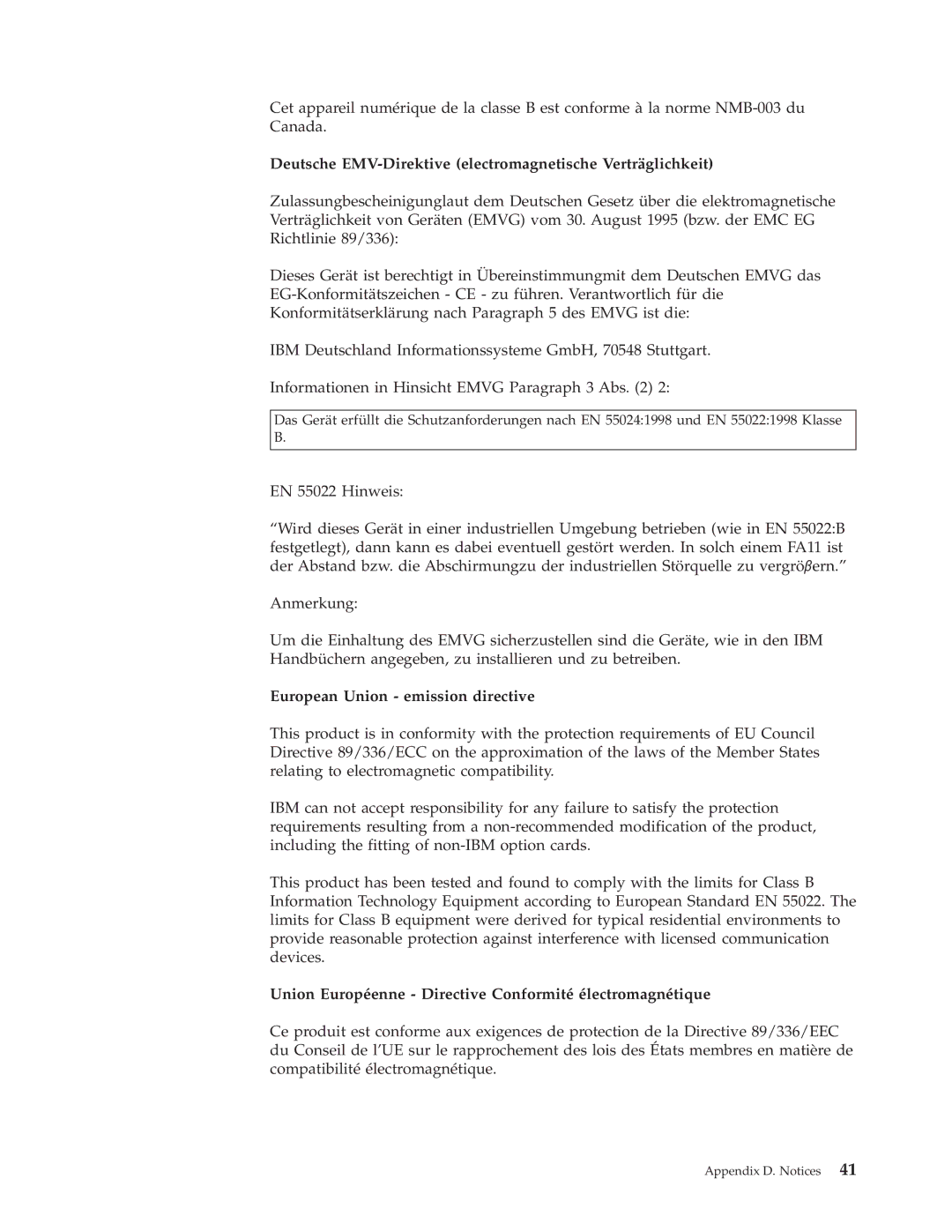 IBM 73P3279 manual Deutsche EMV-Direktive electromagnetische Verträglichkeit, European Union emission directive 