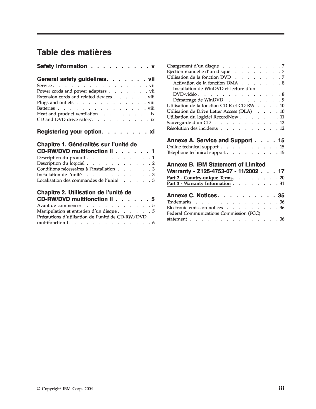 IBM 73P3292 manual Table des matières, Part 2 - Country-unique Terms, Part 3 - Warranty Information 