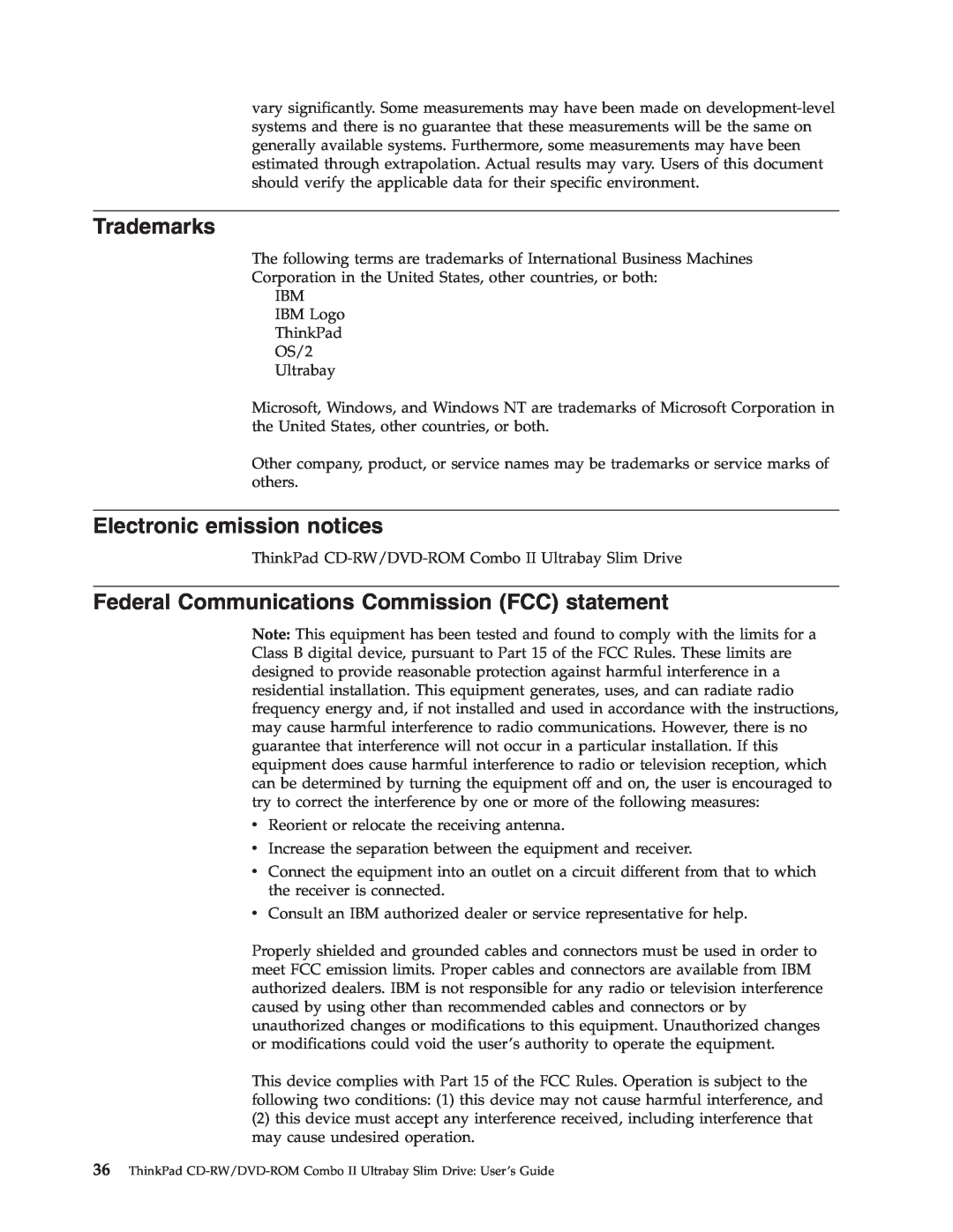 IBM 73P3292 manual Trademarks, Electronic emission notices, Federal Communications Commission FCC statement 
