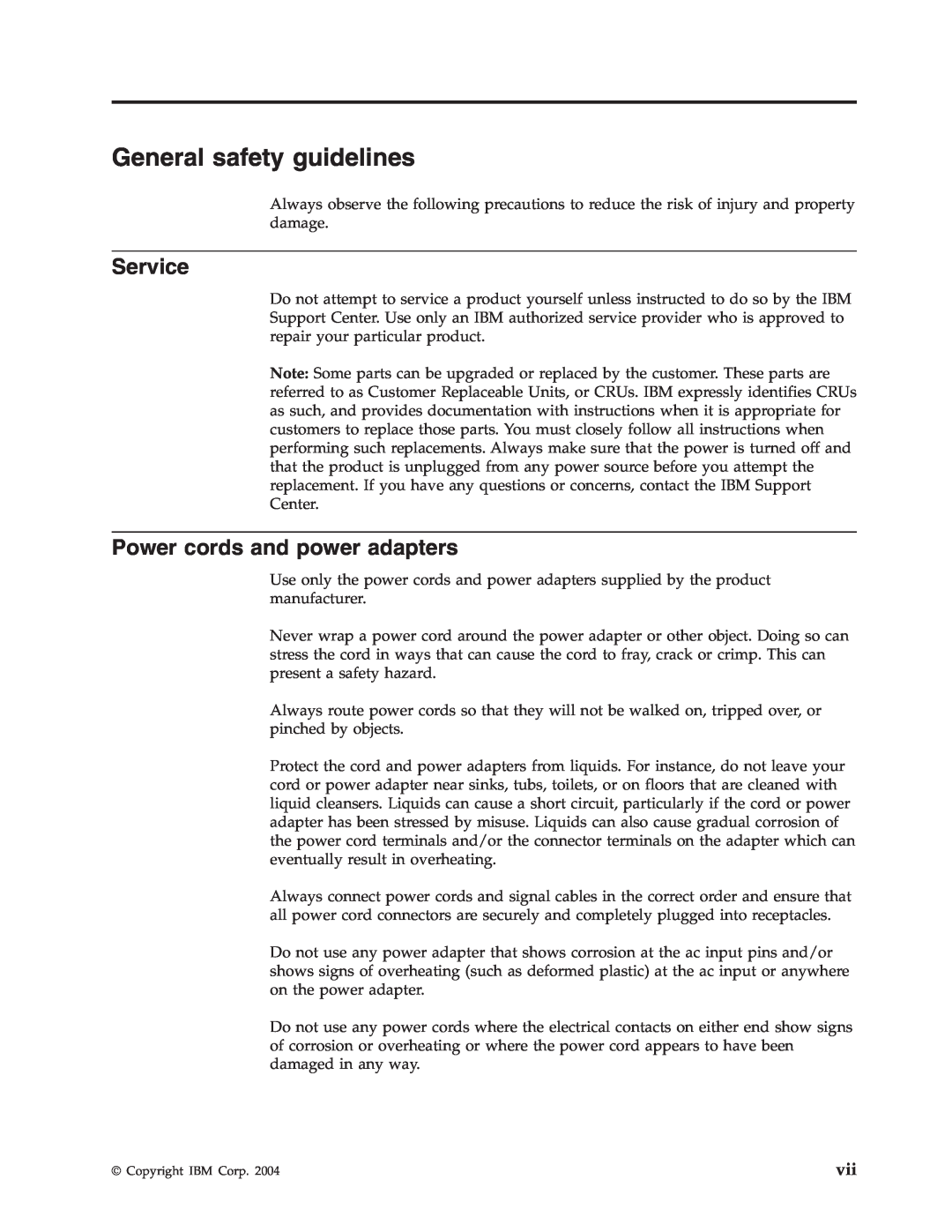 IBM 73P3292 manual General safety guidelines, Service, Power cords and power adapters 